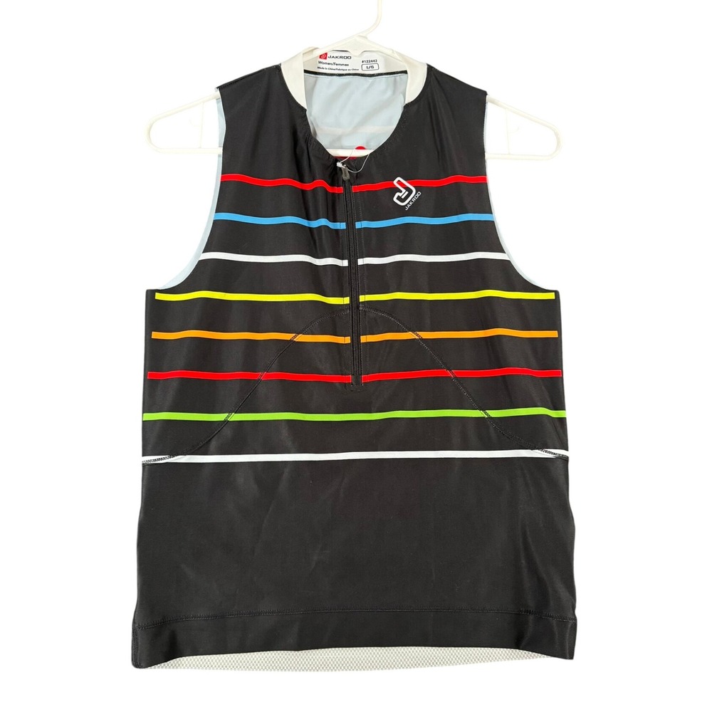 Jakroo Women's Sleeveless Cycling Jersey Black Multi Color Stripe Size Large L